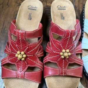 Clarks Red Sandals with Floral Cutouts and Beaded Embellishments